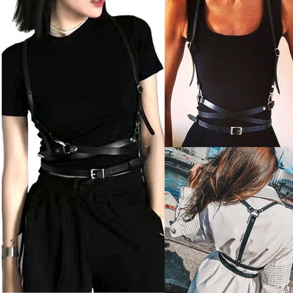 

uk faux leather cage vest chest sculpting body harness adjustable strap waist belt cincher clothing accessories, Black;brown