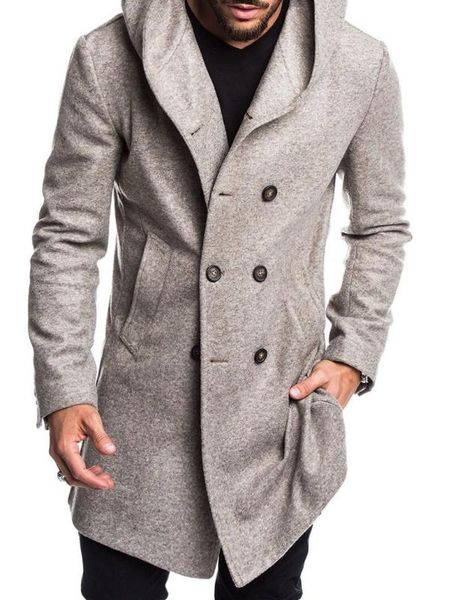 

autumn winter men coats long woolen trench coats fashion brand casual button pockets hooded overcoats, Tan;black