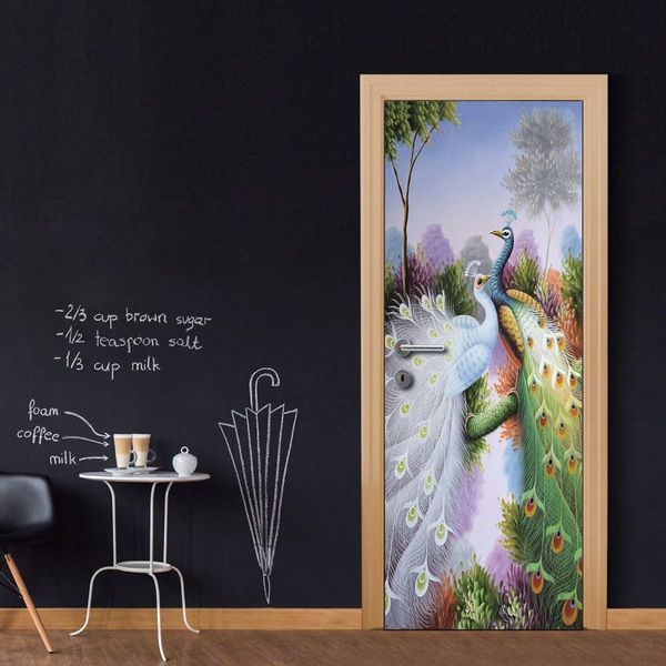 Diy Door Sticker Peacocks Painting Wall Sticker Decal Art Decor Vinyl Door Poster Removable Mural Door Wallpaper Kitchen Accessories Wall Stickers For