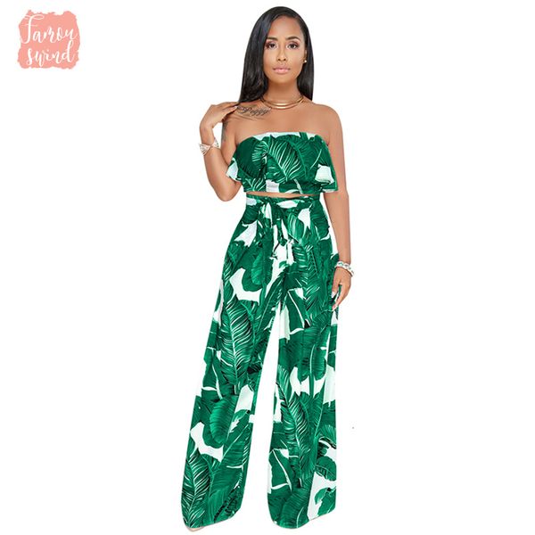 

две женщины кусок цветочные бандо листья печ без бретелек top брюки высокой талией рюшами wide сыпучие ноги брючный sexy sweatsuit, White