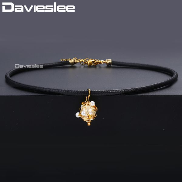 

davieslee chocker for women stainless steel simulated pearl charm black leather necklaces woman jewelry dropshipping 3mm ddnm04, Silver