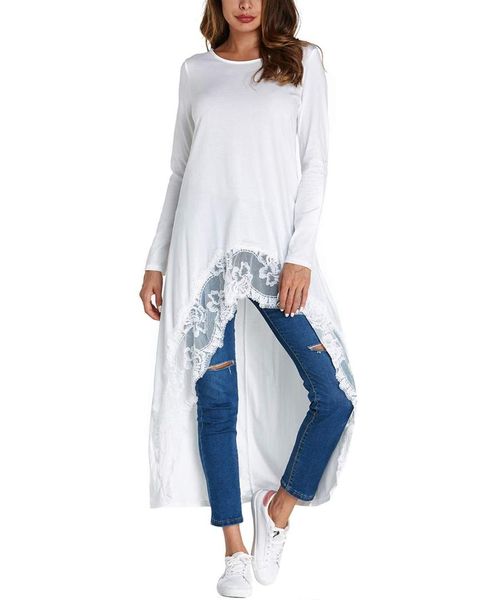 

women patchwork lace blouse 2019 autumn casual loose pullover long sleeve round neck female tee shirts long blusas, White