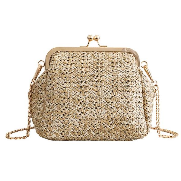 

simple solid color weaving women's handbags fashion summer beach metal hasp bags wild chain messenger single shoulder bags