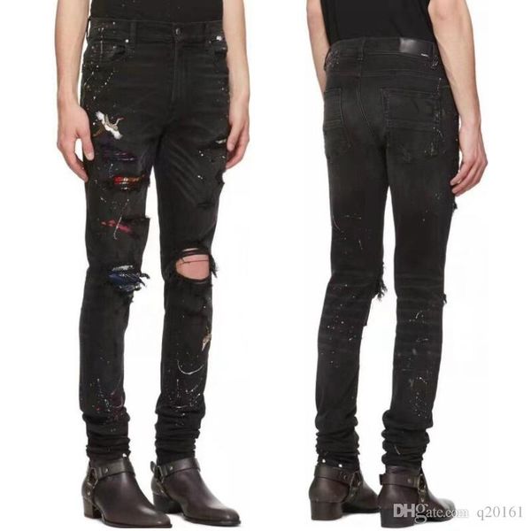 

new mens jeans distressed motorcycle biker jeans skinny slim ripped hole stripe famous brand denim pants designer jeans, Blue