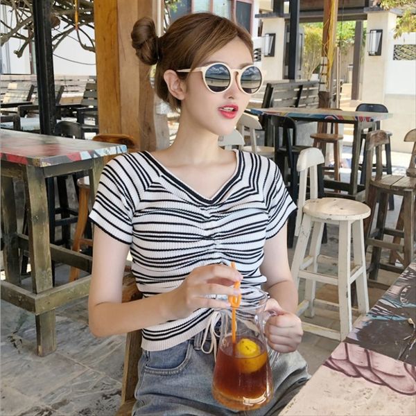 

2019 summer chic style t-shirt sweater korean striped low collar waist drawstring women's short sleeve sweater t-shirt top, White