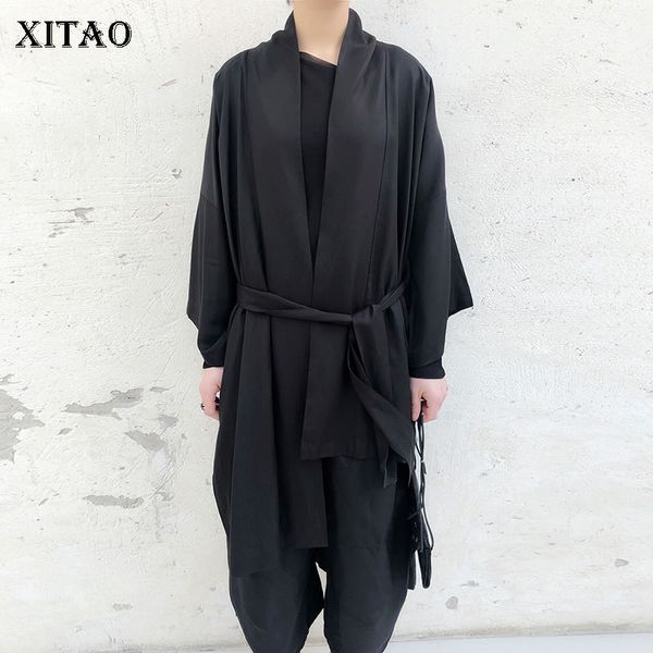 

xitao] female long three quarter sleeve 2019 spring korea fashion casual solid color v-neck bandage irregular coat lyh3050, Tan;black