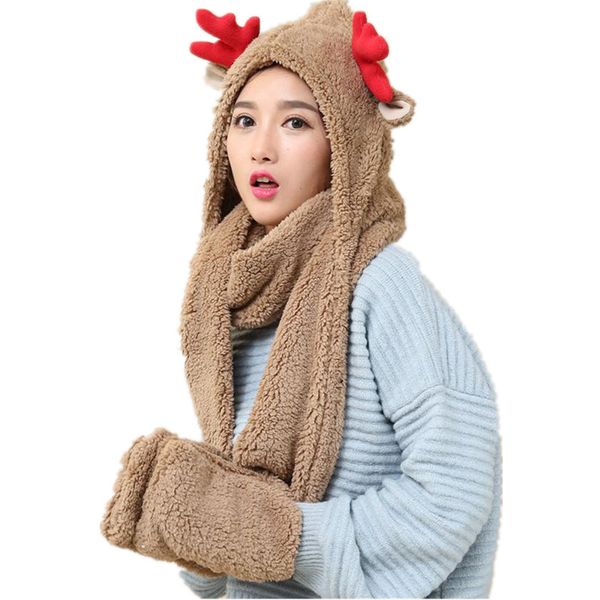 

cute elk antlers warm christmas gift for girls lamb velvet hat and scarf women's winter hats christmas scarves gloves cap set, Blue;gray