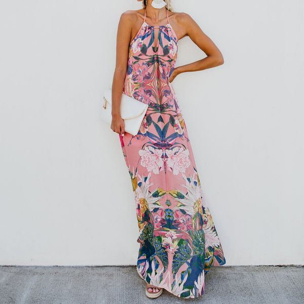 

women summer dress floral print sleeveless halter slash neck bandage maxi long dress fashion maxi party dresses vestidos new, Black;gray