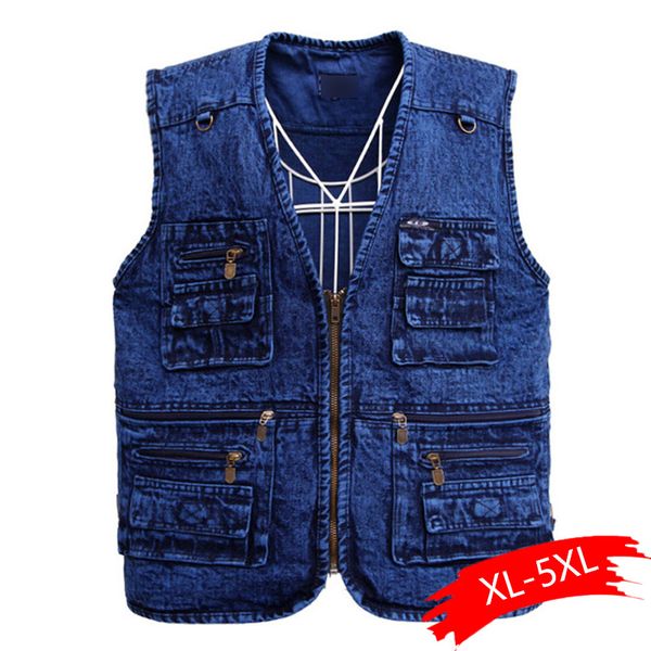 

men's vest outerwear denim waistcoat deep blue color plus size sleeveless jacket multi-pocket size xl to 5xl large, Black;white
