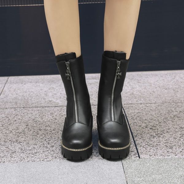 

plus size ma'am coarse heel short boots front zipper fashion boot barrel high heel boots, Black