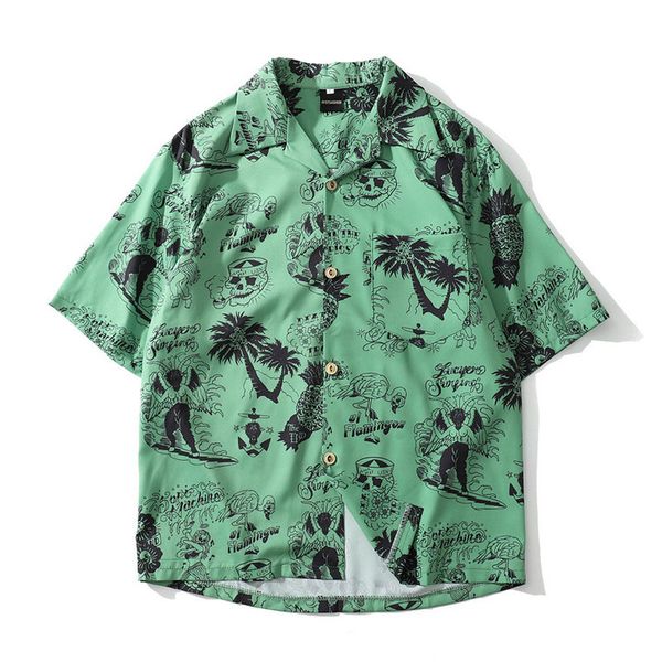 

2019 hip hop shirt streetwear men hawaiian shirts graffiti skull tree harajuku summer beach shirt green short sleeve casual, White;black