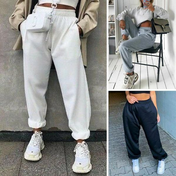 

women casual sport pants solid running jogger pants female solid tracksuit elastic waist ladies sweatpants baggy trousers, Black;white