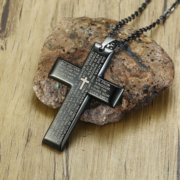 

mens stainless steel simple black cross pendant lords prayer crucifixion christian necklace with 20 inch, Silver