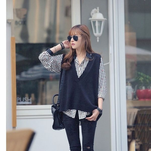 

spring autumn sleeveless knitted sweater vest vest, sleeveless women v-neck pullover women sweater solid casual female vest, White;black