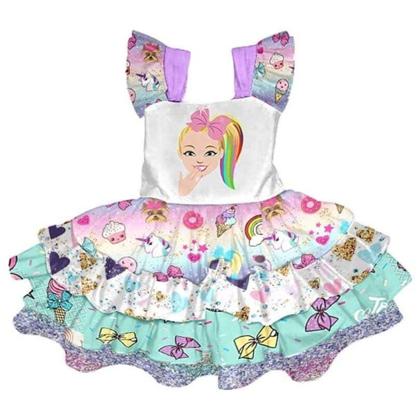 

boutique dress flutter sleeve figure princess print dress layered twirly for girls, Red;yellow