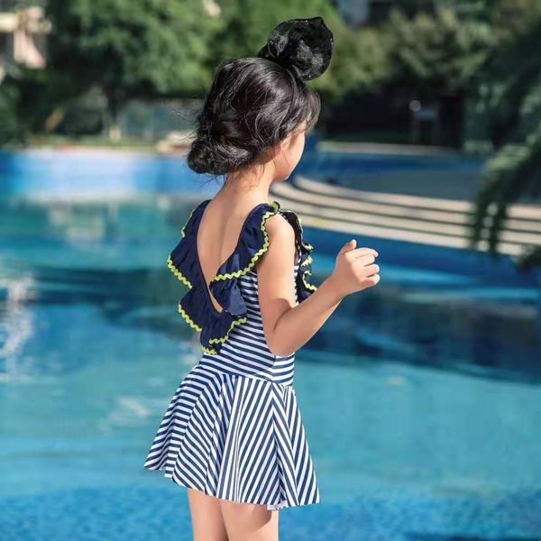 

girls one piece swimwear cute kids swimsuit stripe beach swim skirt children swimdress baby bathing suit xiatian, Black