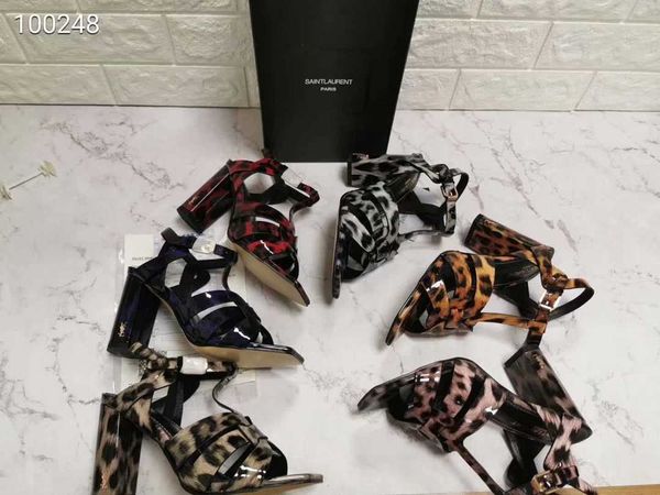 

new high-end brand summer ladies sandals leather women's leopard high heel sandals 35-39 yards 6 colors, Black