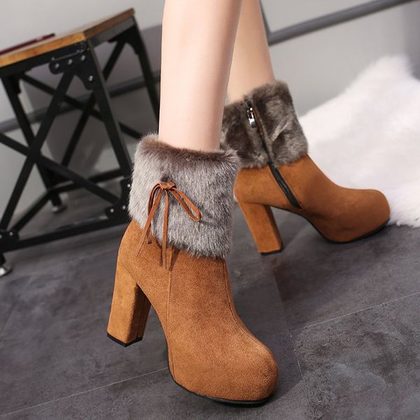 

2019 winter heel snow boots for women ankle boots warm plush snow booties women's fashion shoes high square heels, Black