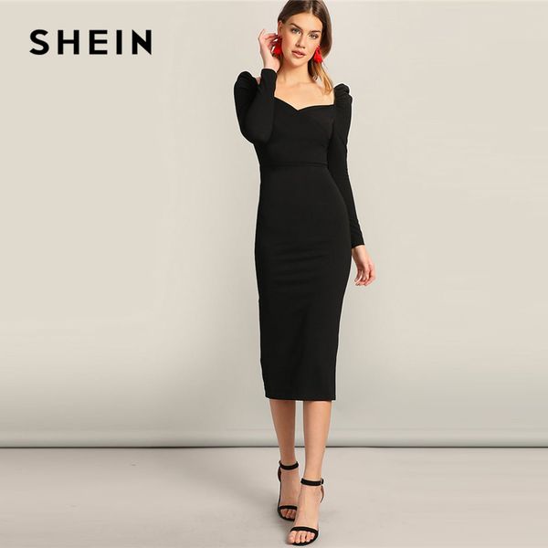 

shein black surplice neck sweetheart puff sleeve split pencil plain bodycon dress women spring elegant high waist dress, Black;gray