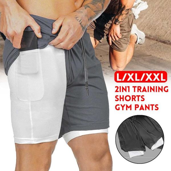 

men 2 in 1 running shorts jogging gym fitness training quick dry beach short pants male summer sports workout bottoms clothing, Black;blue