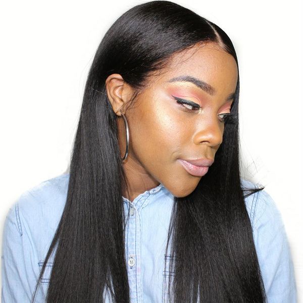

13x6 deep yaki straight lace front human wigs with baby hair pre plucked glueless frontal wig for women brazilian non remy, Black