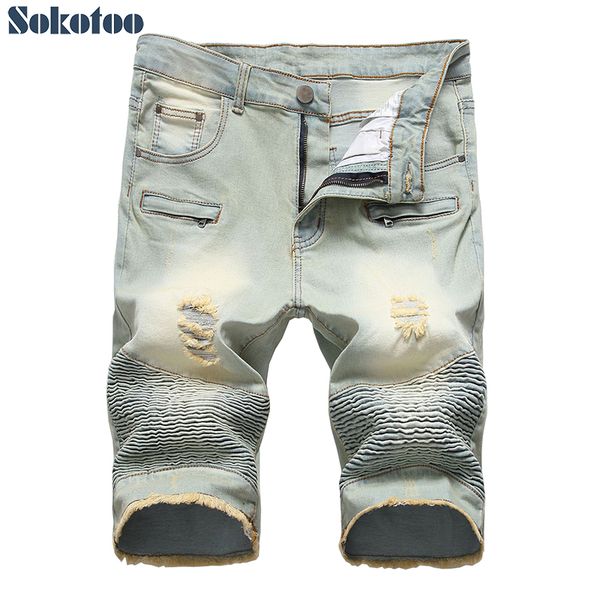 

men's vintage slim straight ripped biker shorts for motorcycle knee length stretch denim pleated fringe jeans, Blue