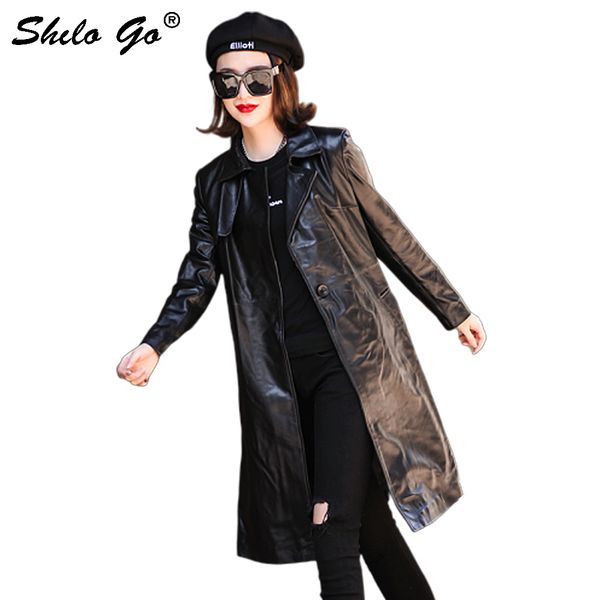 

genuine leather trench black elegant notched neck single button long coat women autumn wrop belted solid office lady outwear, Tan;black