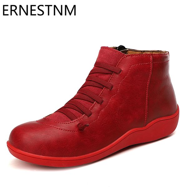 

ernestnm autumn spring boots women casual vintage pu leather low heel gladiator round toe zip ladies ankle wedge boot rain boots, Black
