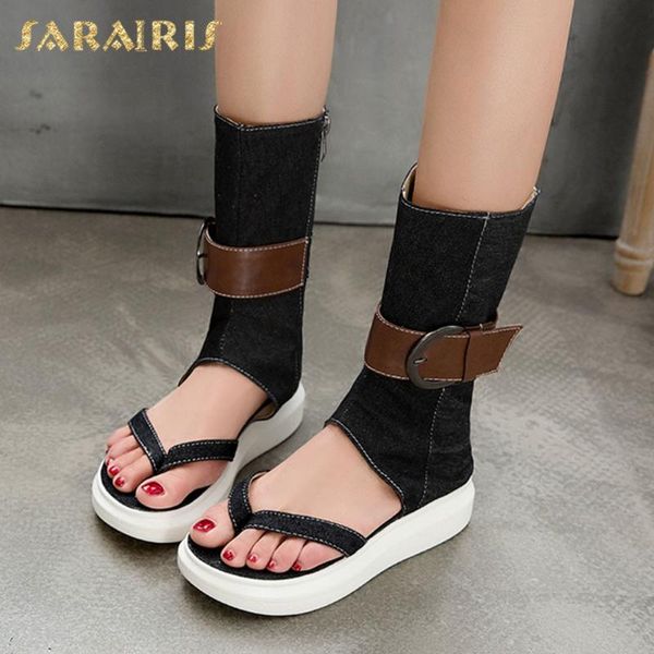 

sarairis 2020 new arrivals big size 43 gladiator denim women sandals platform metal decoration summer casual women shoes, Black