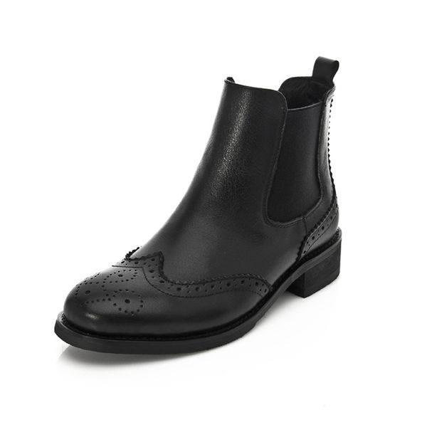 

women genuine leather buckle ankle boots kitten heel oxford boots side zipper casual shoes, Black