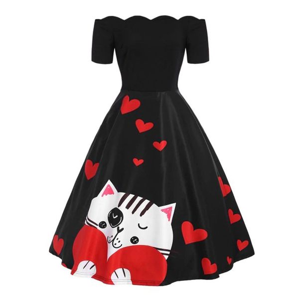 

women fashion ladies vintage dress cat and love print one shoulder a line swing dresses woman party night robe femme 2019 new, Black;gray
