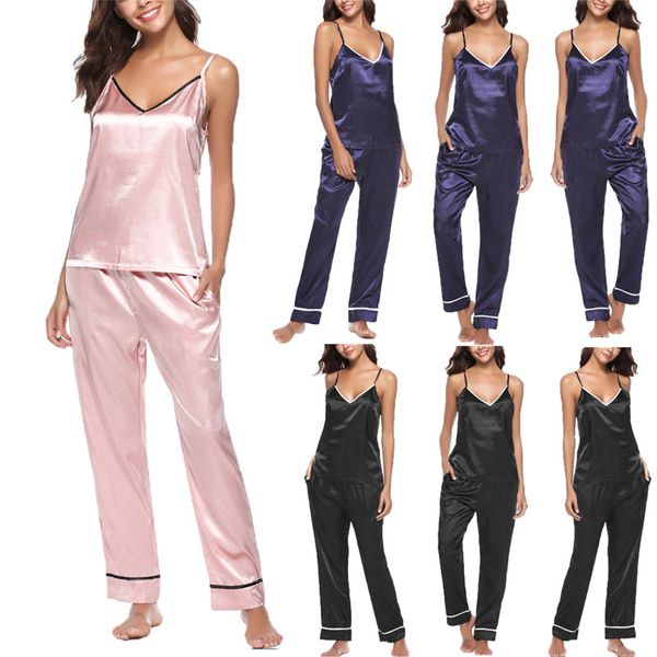 

2pcs women silk satin v-neck pajamas set pyjama sleepwear nightwear loungewear homewear sleeveless pajama sets pjs, Blue;gray
