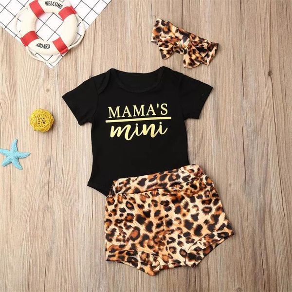 

summer newborn girl clothes set newborn baby short sleeve alphabet print halo shirt leopard print shorts headband set#w30, White