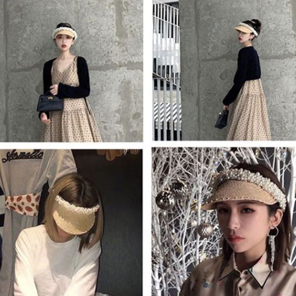 

women summer multi rows imitation pearl beach cap empty handmade beading straw woven sun protection wide brim clip-on hat, Blue;gray