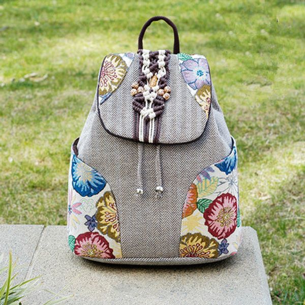 

vintage string appliques women traveller backpacksfloral embossing lady casual backrack versatile canvas cover backruck