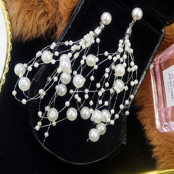 

new fashion temperament lady pearl string earrings irregular geometric pearl long tassel net red earrings, Silver