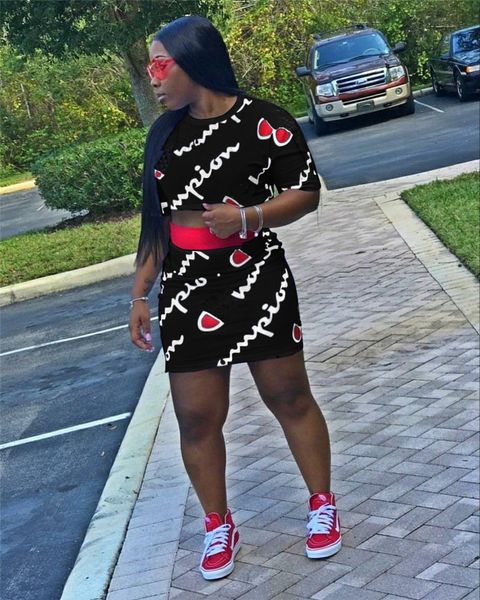 

Women Champions Letter Dress Set Summer Outfit Short Sleeve Crop T-shirt + Skirt Dress 2 piece Set Brand Tracksuit Sportsuit S-2xl new A3143