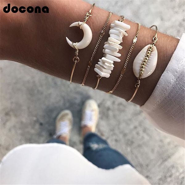 

punk boho white stone seashell moon beaded bracelet set for women gold color multi layer bangle party jewelry c18106, Black