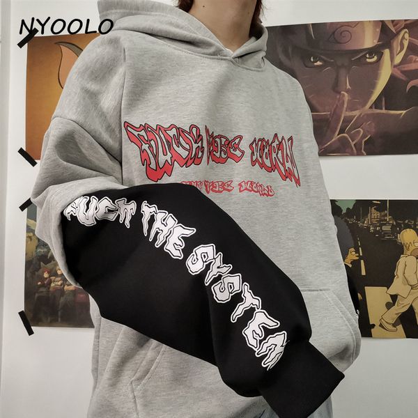 

nyoolo autumn winter letters print fake two piece patchwork loose long sleeve hooded pullovers warm fleece sweatshirt women men, Black
