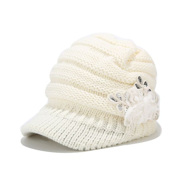 

stretchy knitted newsboy cap women winter hats with visor patch flower white red grey black, Blue;gray