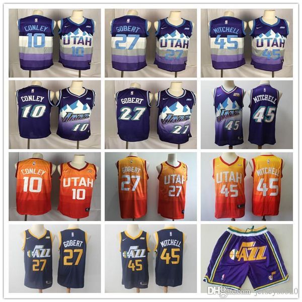 

mens utah jazz throwback donovan 45 mitchell rudy 27 gobert mike 10 conley basketball shorts basketball jersey purple yellow, Black;red