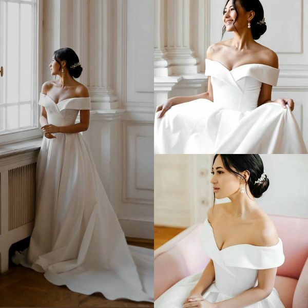 

2020 country wedding dresses off the shoulder satin boho bridal dress a line custom made sweep train vestidos de novia, White