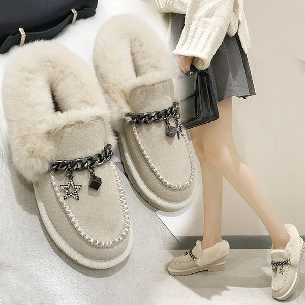 

w- peas shoes winter warm flat bottom wild low one foot hairy thick bottom round head daily fashion cotton shoes women, Black