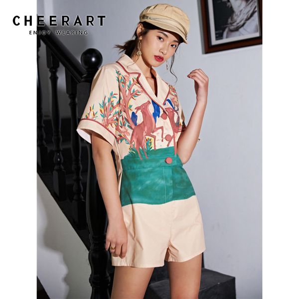 

cheerart playsuit women summer 2020 deer animal print romper shorts combishort v neck overalls fashion clothes, Black;white