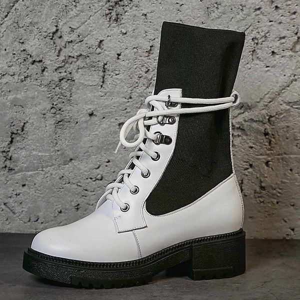 

brand motorcycle boots women's knight boots cow leather metal rivets artist design round toe thick heels stretch mid calf, Black