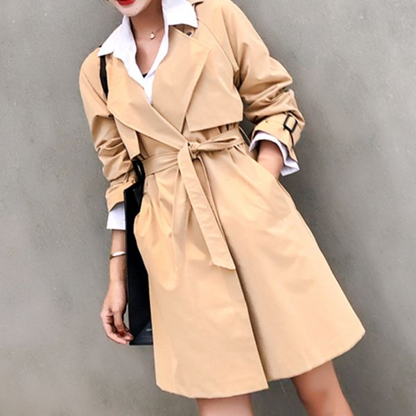 

2019 spring autumn korean trench coat women belt long coats no buckle elegant long sleeve fashion female, Tan;black