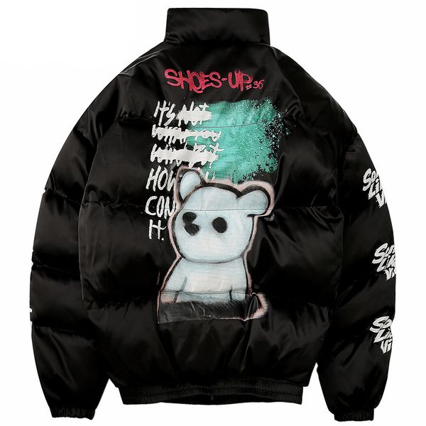 

spray paint graffiti hip hop parkas men winter cotton coats lover printed bear harajuku thick warm winter coat men windbreaker, Black