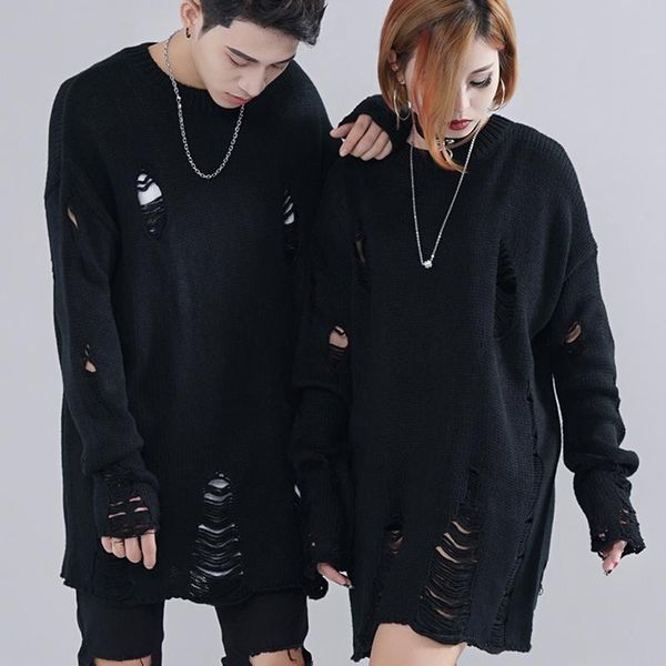 

men ripped destroyed hole knitted sweater hip hop punk pullover men couple striped vintage oversize knitwear loose jersey hombre, White;black