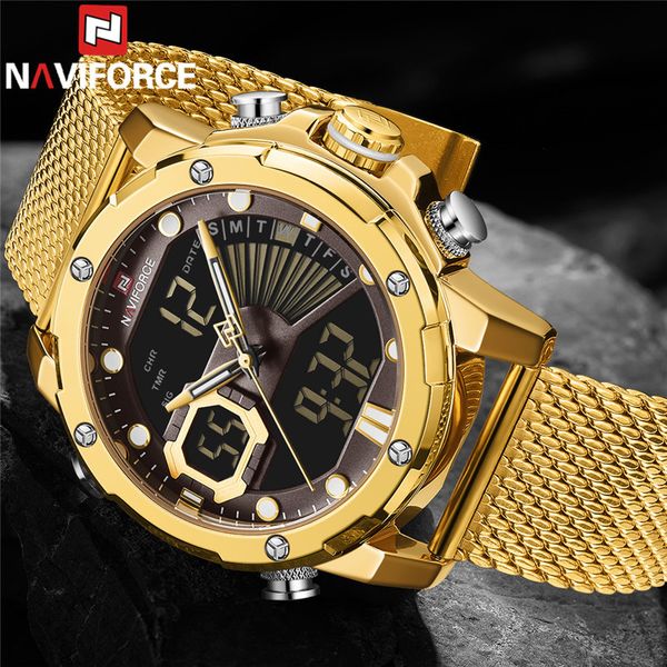 

naviforce men watch quartz digital male clock sport stainless steel gold fashion man wristwatch 9172, Slivery;brown