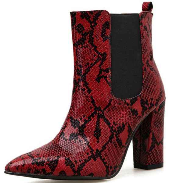 

pointed toe shoes woman snake pu leather ankle boots for women thick high heels female booties zapatos de mujer p433, Black
